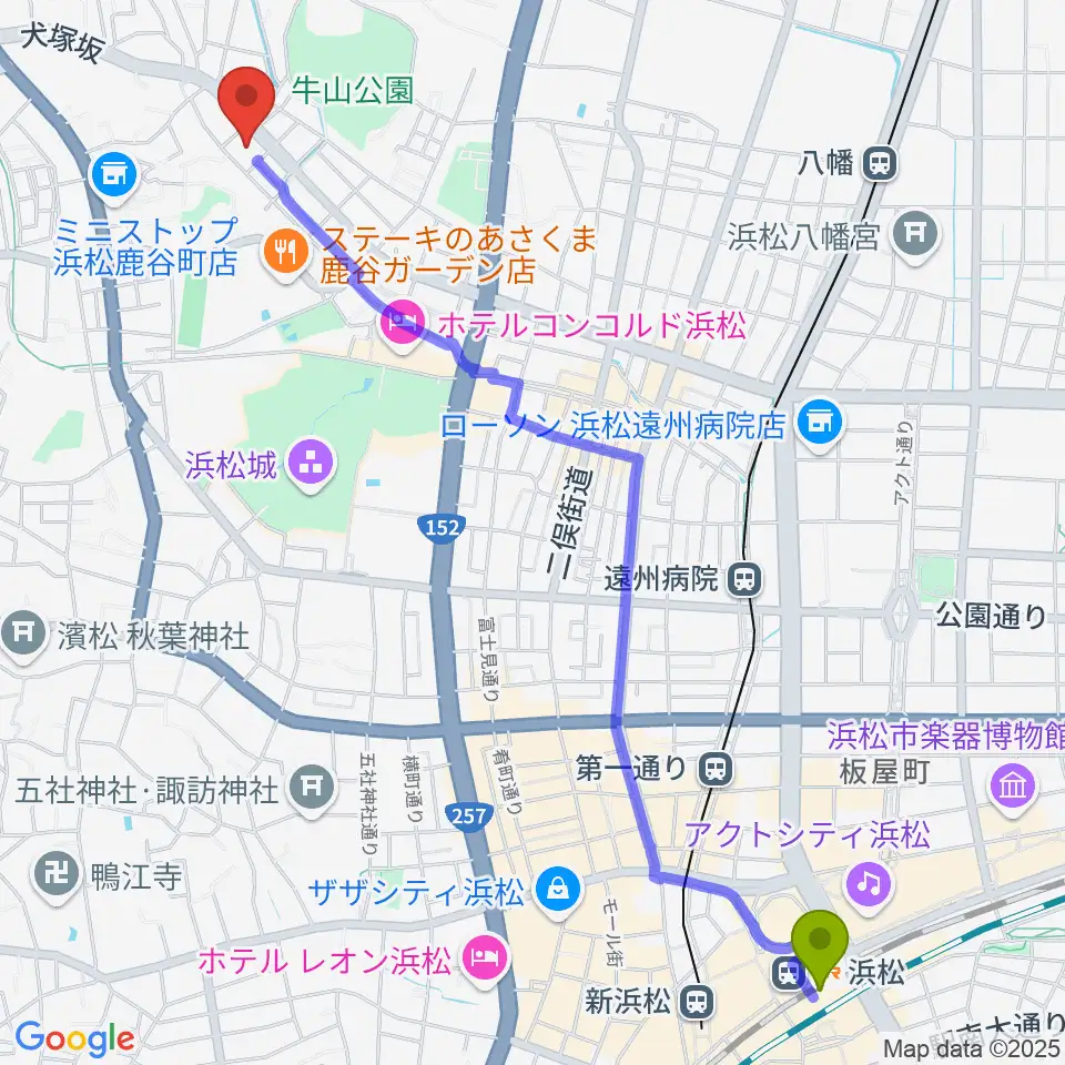 浜松駅から浜松市勤労会館Ｕホールへのルートマップ地図
