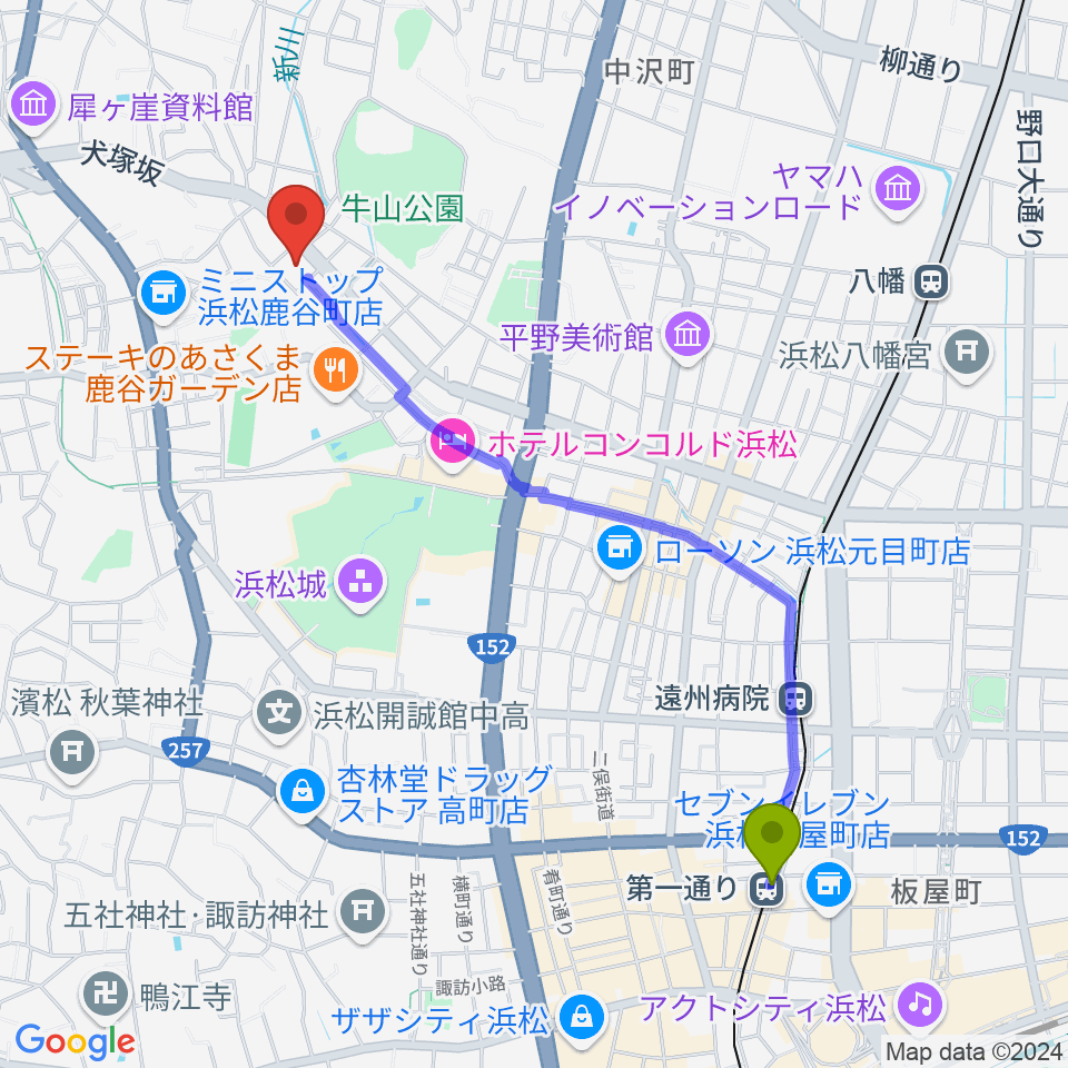 第一通り駅から浜松市勤労会館Ｕホールへのルートマップ地図