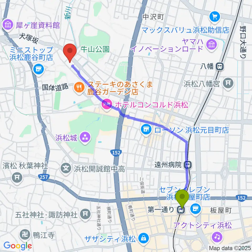 第一通り駅から浜松市勤労会館Ｕホールへのルートマップ地図