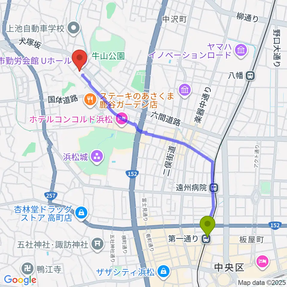 第一通り駅から浜松市勤労会館Ｕホールへのルートマップ地図