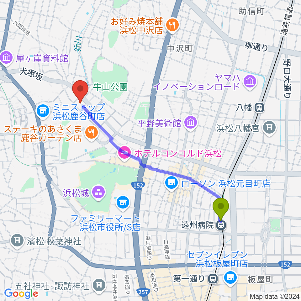 遠州病院駅から浜松市勤労会館Ｕホールへのルートマップ地図