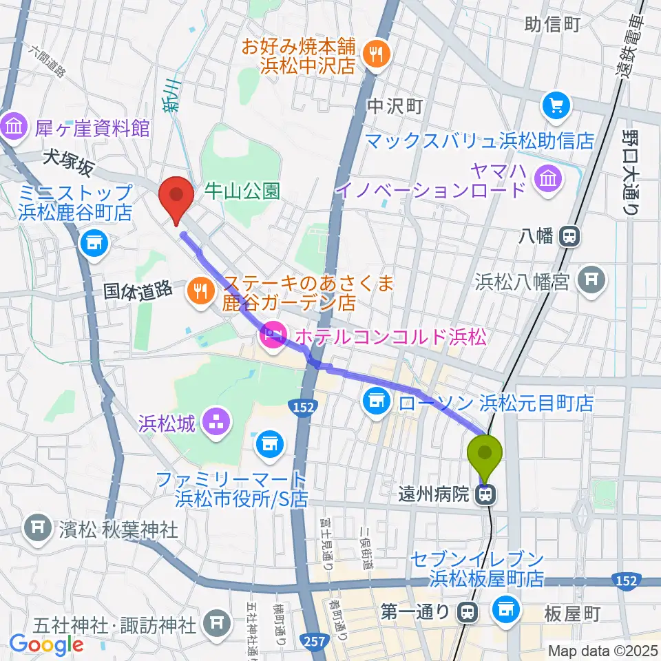 遠州病院駅から浜松市勤労会館Ｕホールへのルートマップ地図