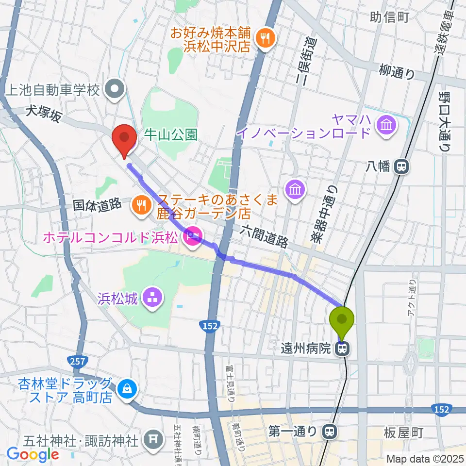 遠州病院駅から浜松市勤労会館Ｕホールへのルートマップ地図
