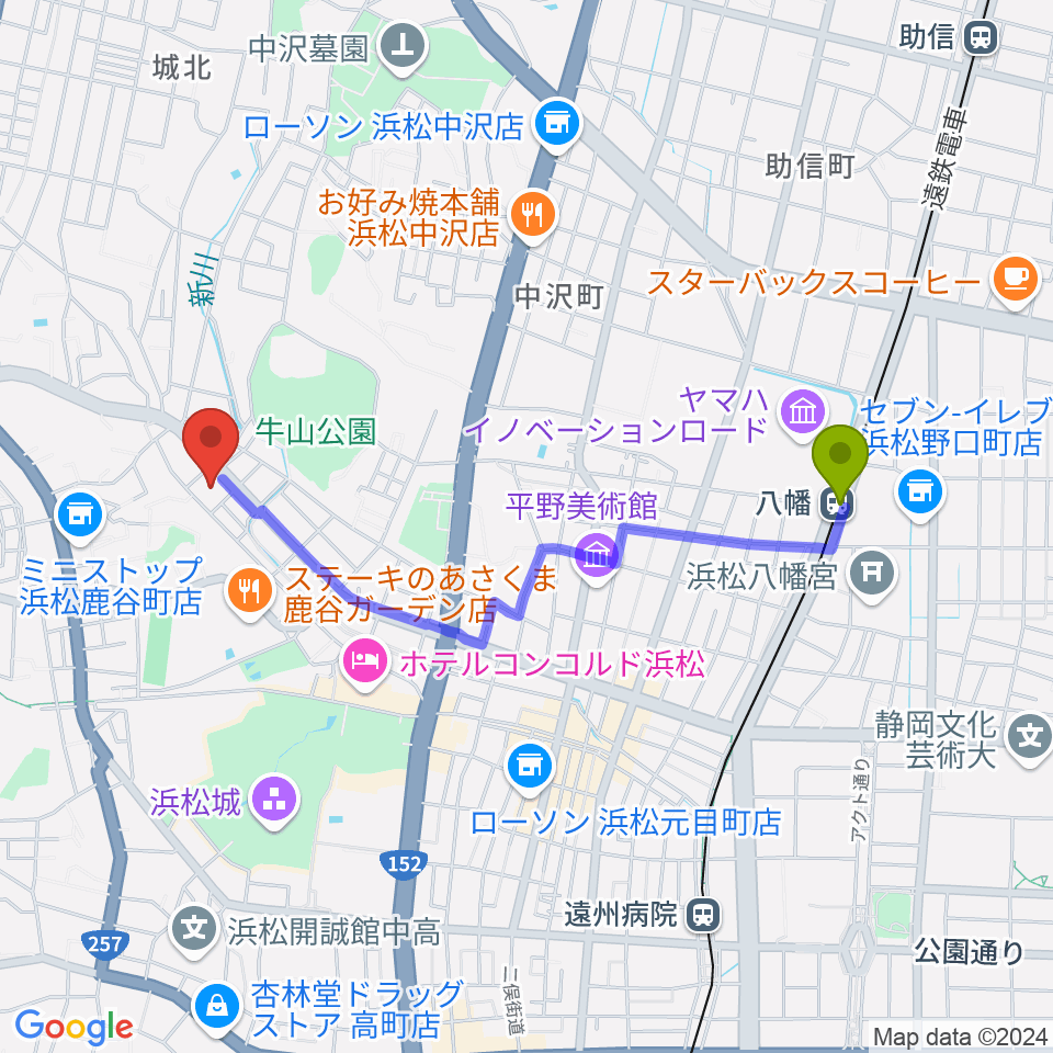 浜松市勤労会館Ｕホールの最寄駅八幡駅からの徒歩ルート（約19分）地図