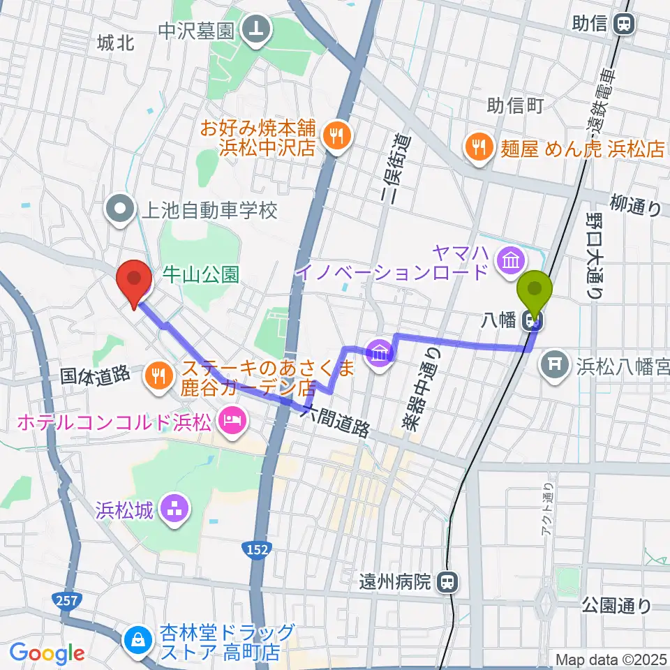 浜松市勤労会館Ｕホールの最寄駅八幡駅からの徒歩ルート（約19分）地図