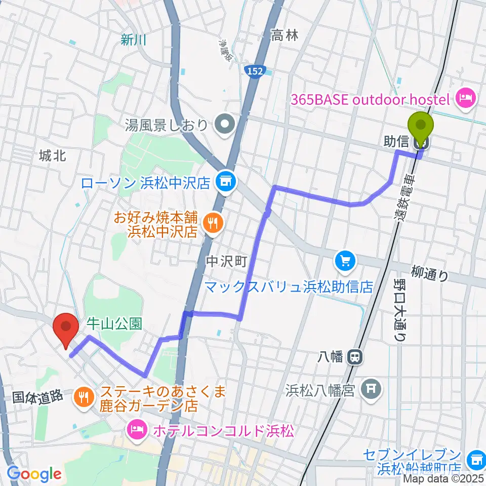 助信駅から浜松市勤労会館Ｕホールへのルートマップ地図