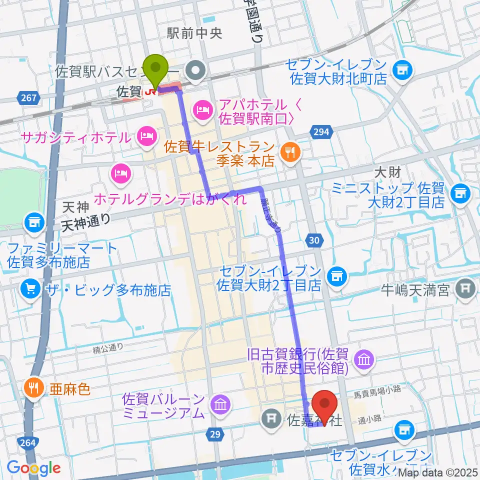 夢楽人の最寄駅佐賀駅からの徒歩ルート（約25分）地図