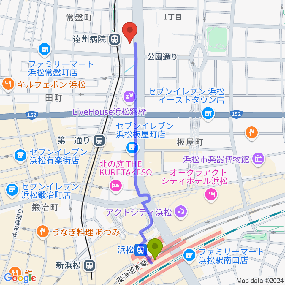 浜松駅からクリエート浜松へのルートマップ Mdata