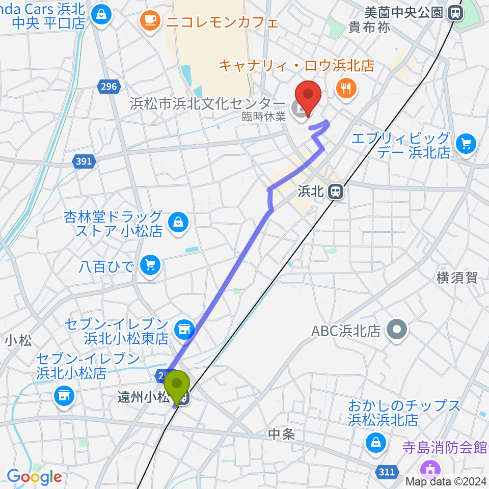 遠州小松駅から浜松市浜北文化センターへのルートマップ地図