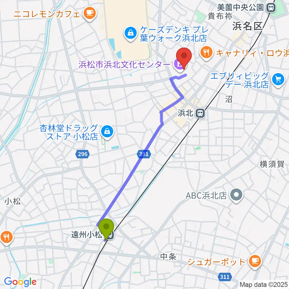 遠州小松駅から浜松市浜北文化センターへのルートマップ地図