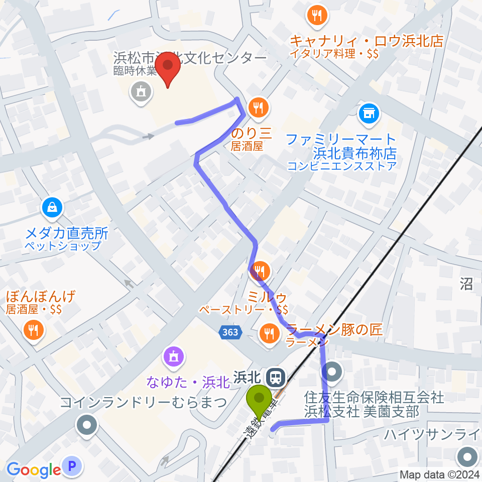 浜松市浜北文化センターの最寄駅浜北駅からの徒歩ルート（約6分）地図