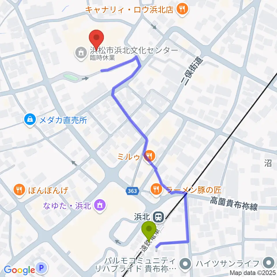 浜松市浜北文化センターの最寄駅浜北駅からの徒歩ルート（約6分）地図
