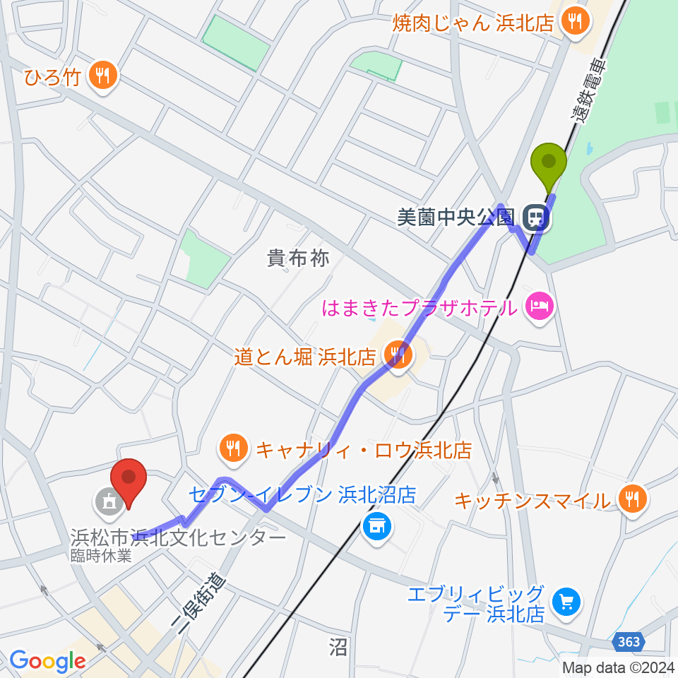 美薗中央公園駅から浜松市浜北文化センターへのルートマップ地図