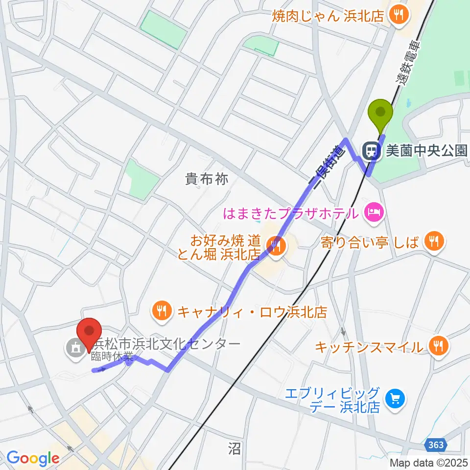 美薗中央公園駅から浜松市浜北文化センターへのルートマップ地図