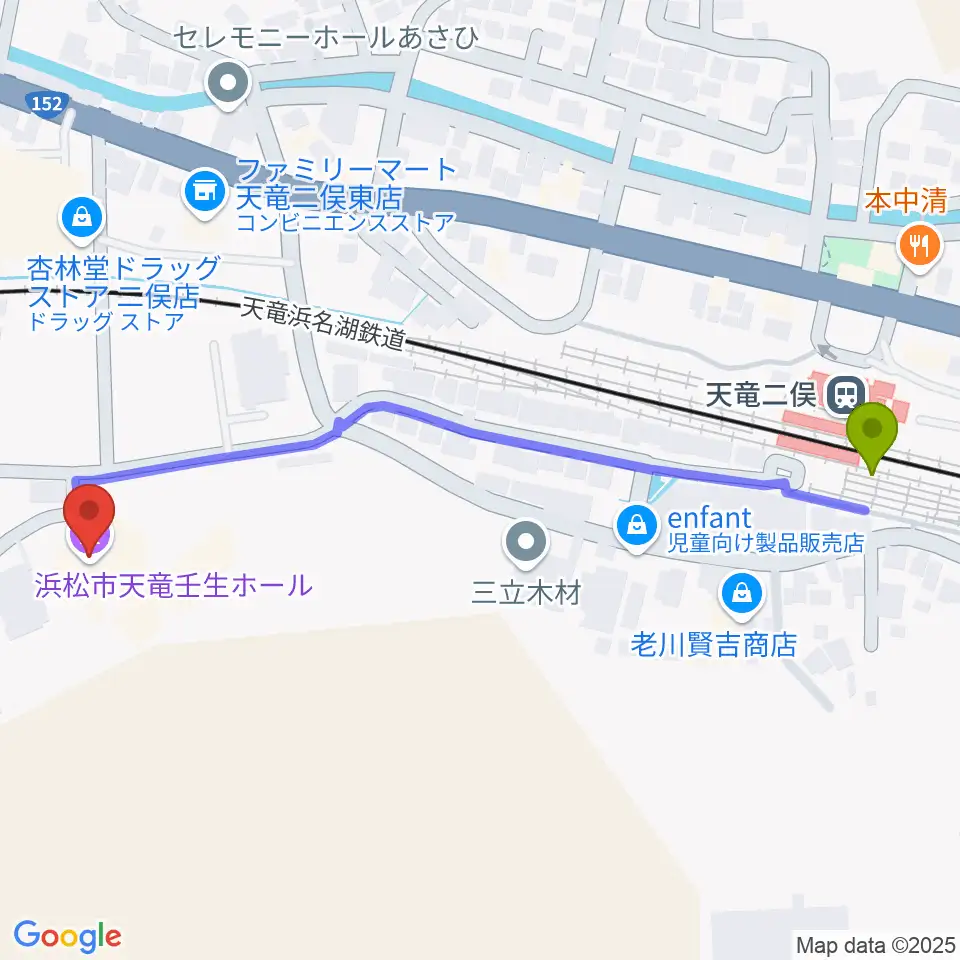 天竜二俣駅から浜松市天竜壬生ホールへのルートマップ地図