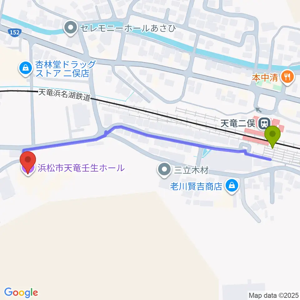 天竜二俣駅から浜松市天竜壬生ホールへのルートマップ地図