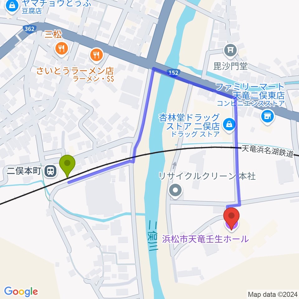 浜松市天竜壬生ホールの最寄駅二俣本町駅からの徒歩ルート（約5分）地図