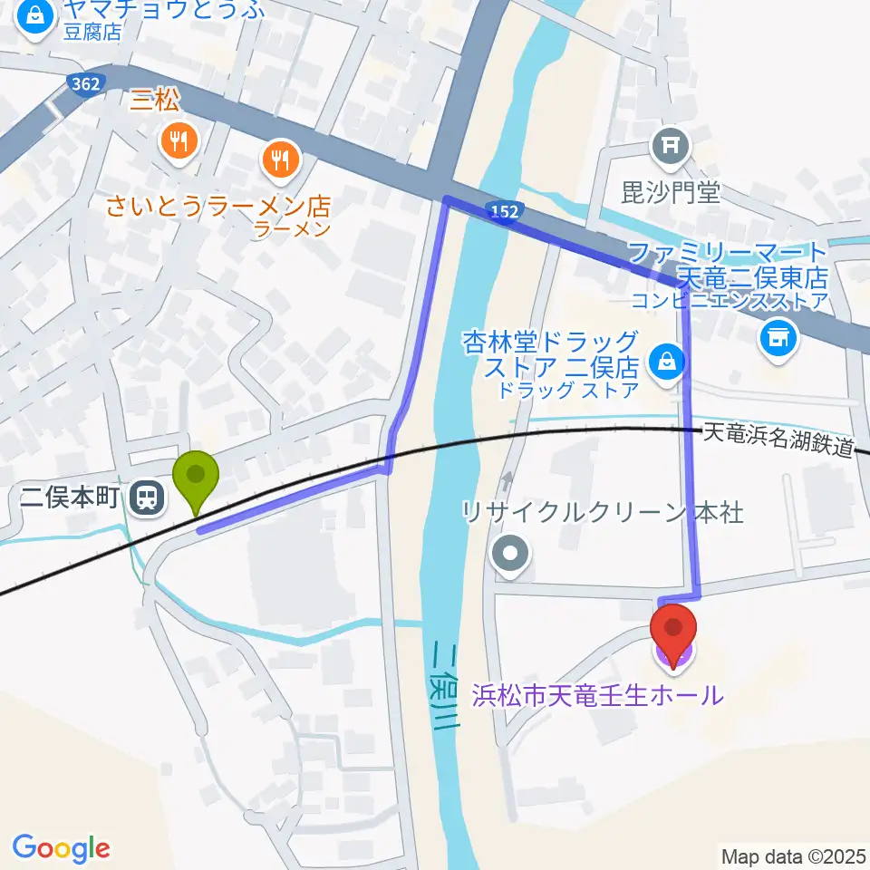 浜松市天竜壬生ホールの最寄駅二俣本町駅からの徒歩ルート（約5分）地図