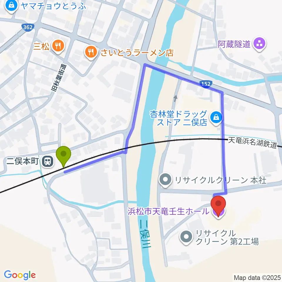 浜松市天竜壬生ホールの最寄駅二俣本町駅からの徒歩ルート（約5分）地図