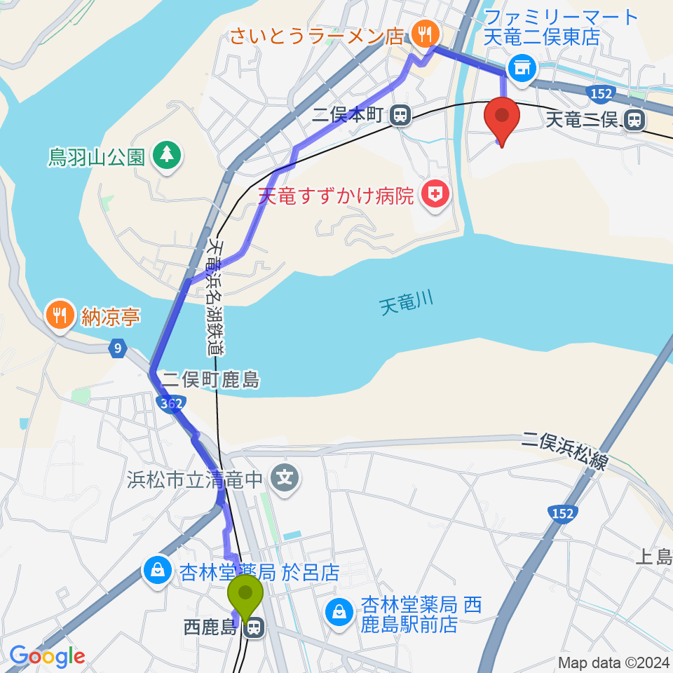 西鹿島駅から浜松市天竜壬生ホールへのルートマップ地図