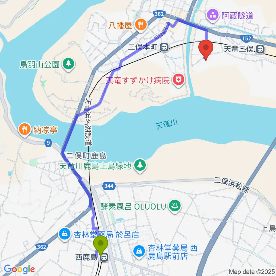 西鹿島駅から浜松市天竜壬生ホールへのルートマップ地図