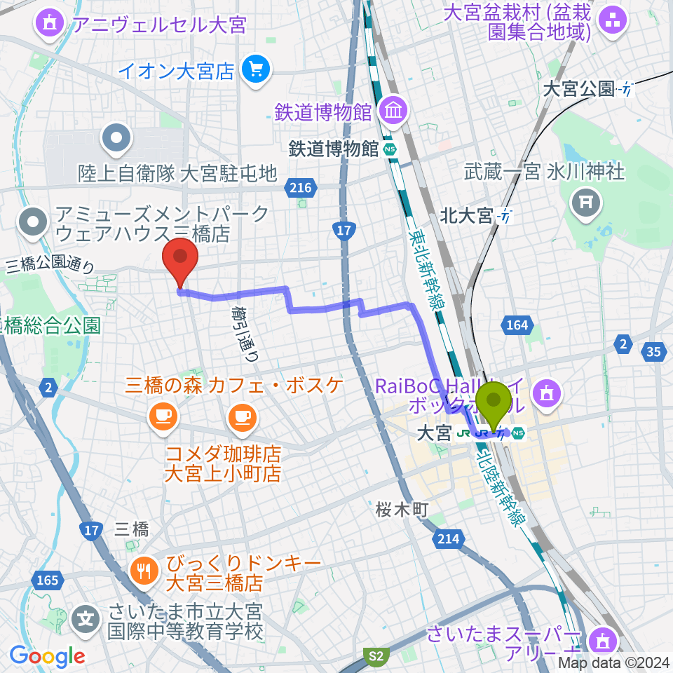 大宮駅から岸音楽教室へのルートマップ地図