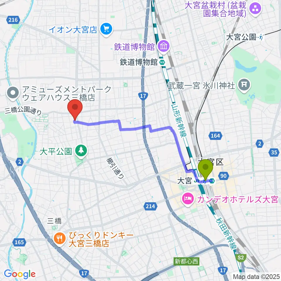 大宮駅から岸音楽教室へのルートマップ地図