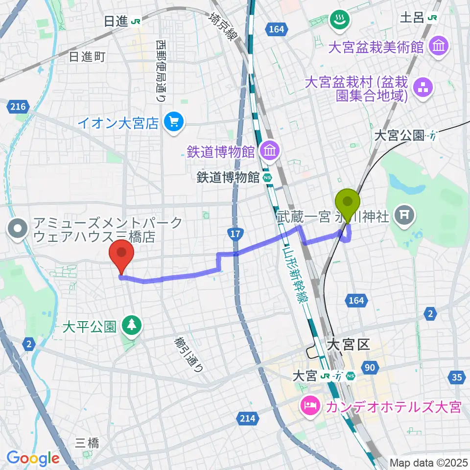 北大宮駅から岸音楽教室へのルートマップ地図