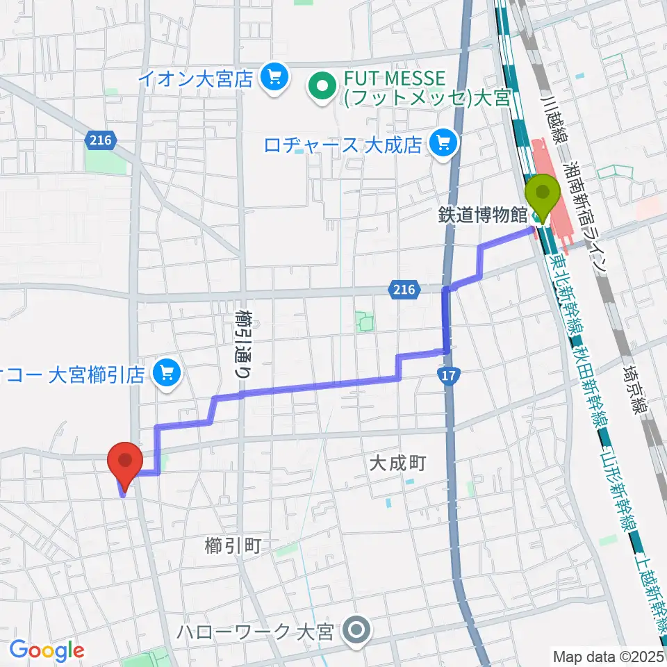 岸音楽教室の最寄駅鉄道博物館駅からの徒歩ルート（約23分）地図