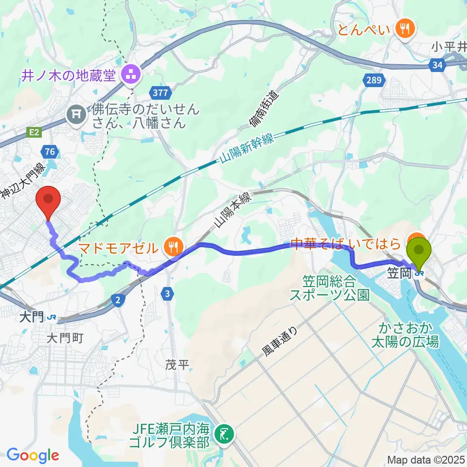 笠岡駅から杉原津弥子ギター教室へのルートマップ地図