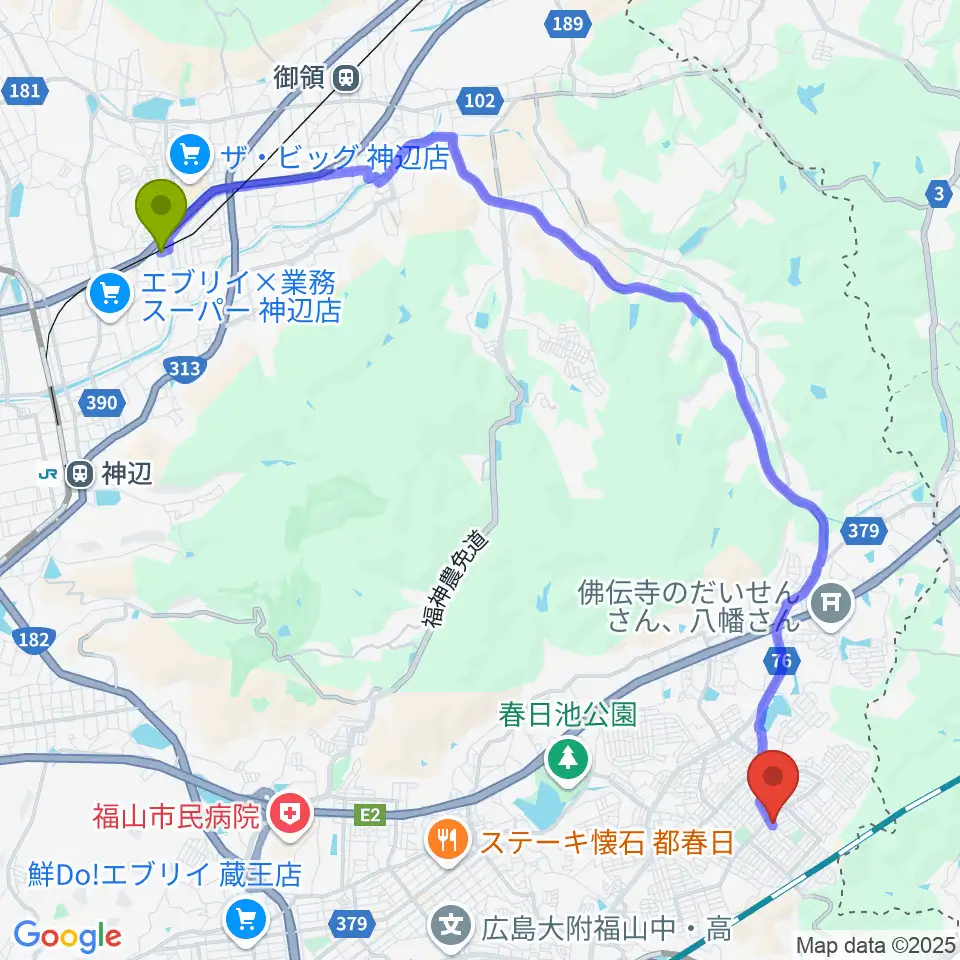 湯野駅から杉原津弥子ギター教室へのルートマップ地図