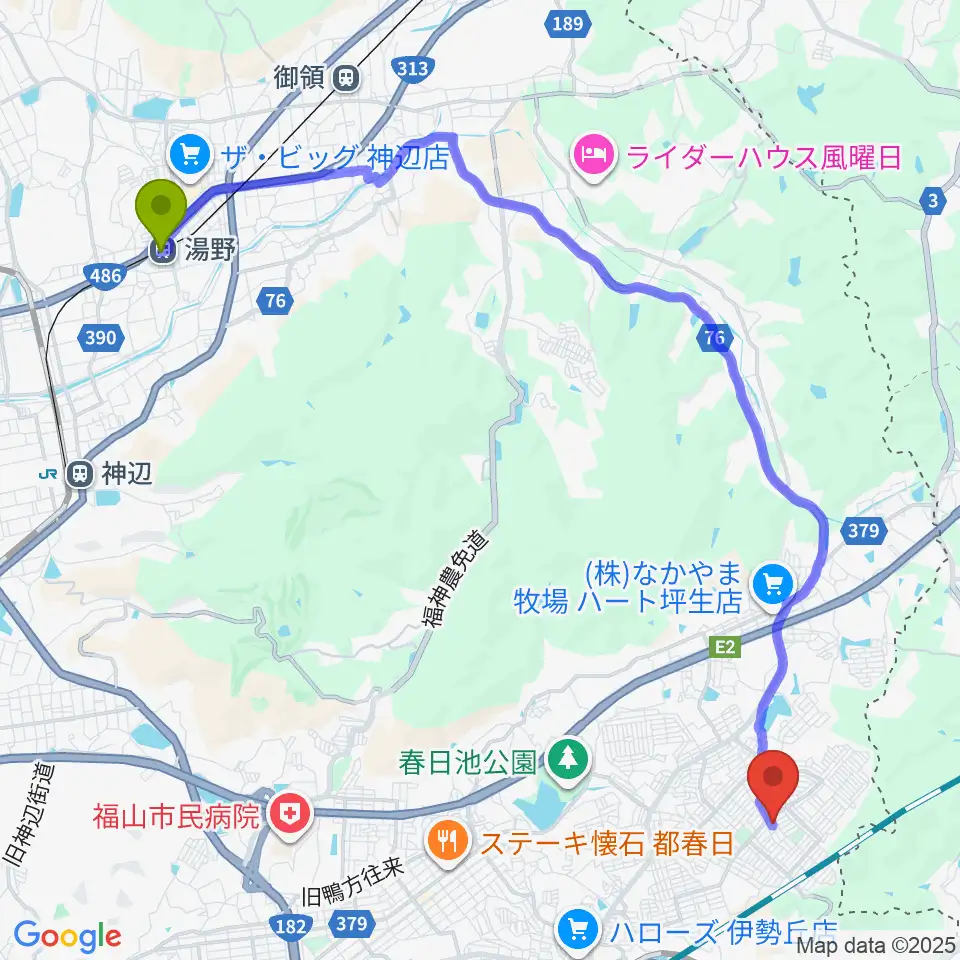 湯野駅から杉原津弥子ギター教室へのルートマップ地図