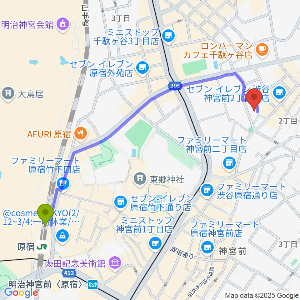 原宿駅からSTUDIO SHANGRI-LAへのルートマップ地図