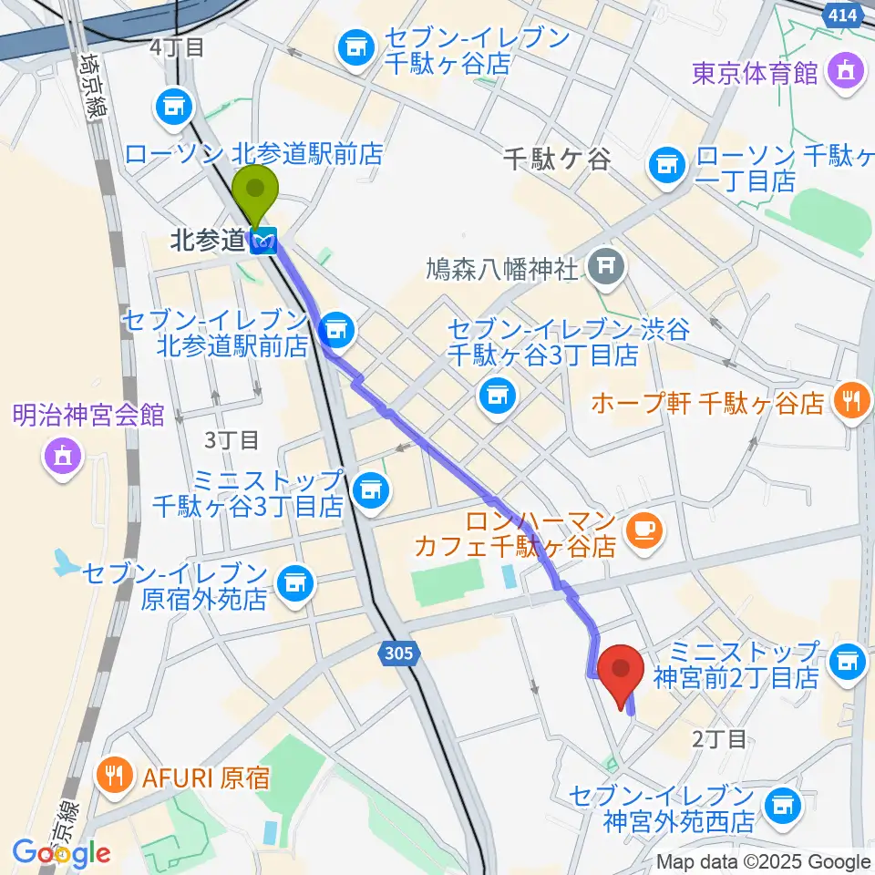 STUDIO SHANGRI-LAの最寄駅北参道駅からの徒歩ルート（約11分）地図