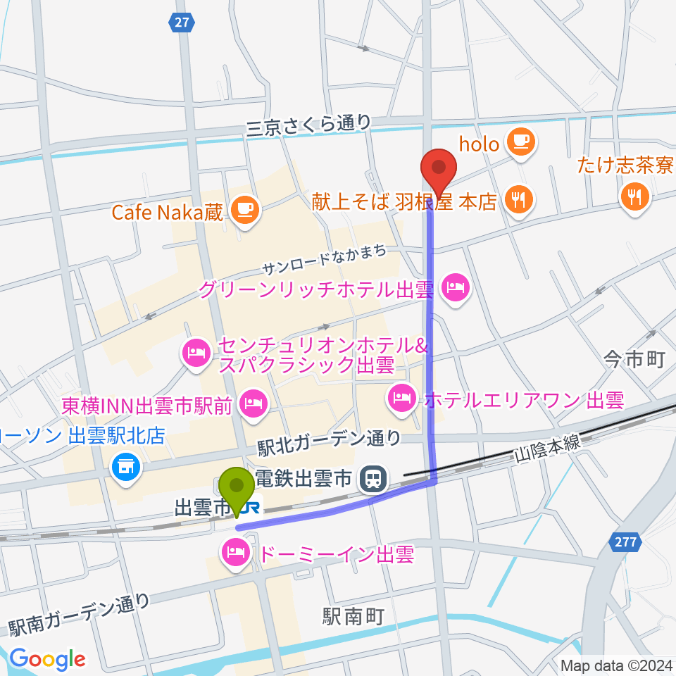 アツタ音楽教室 今市センター教室の最寄駅出雲市駅からの徒歩ルート（約9分）地図