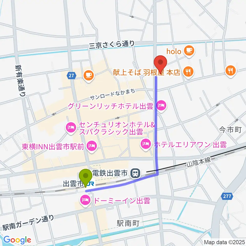 アツタ音楽教室 今市センター教室の最寄駅出雲市駅からの徒歩ルート（約9分）地図