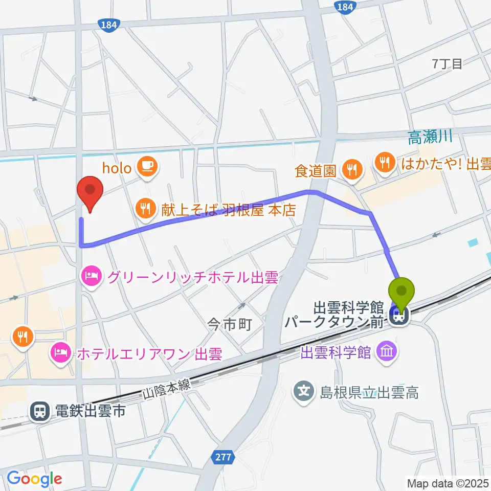 出雲科学館パークタウン前駅からアツタ音楽教室 今市センター教室へのルートマップ地図