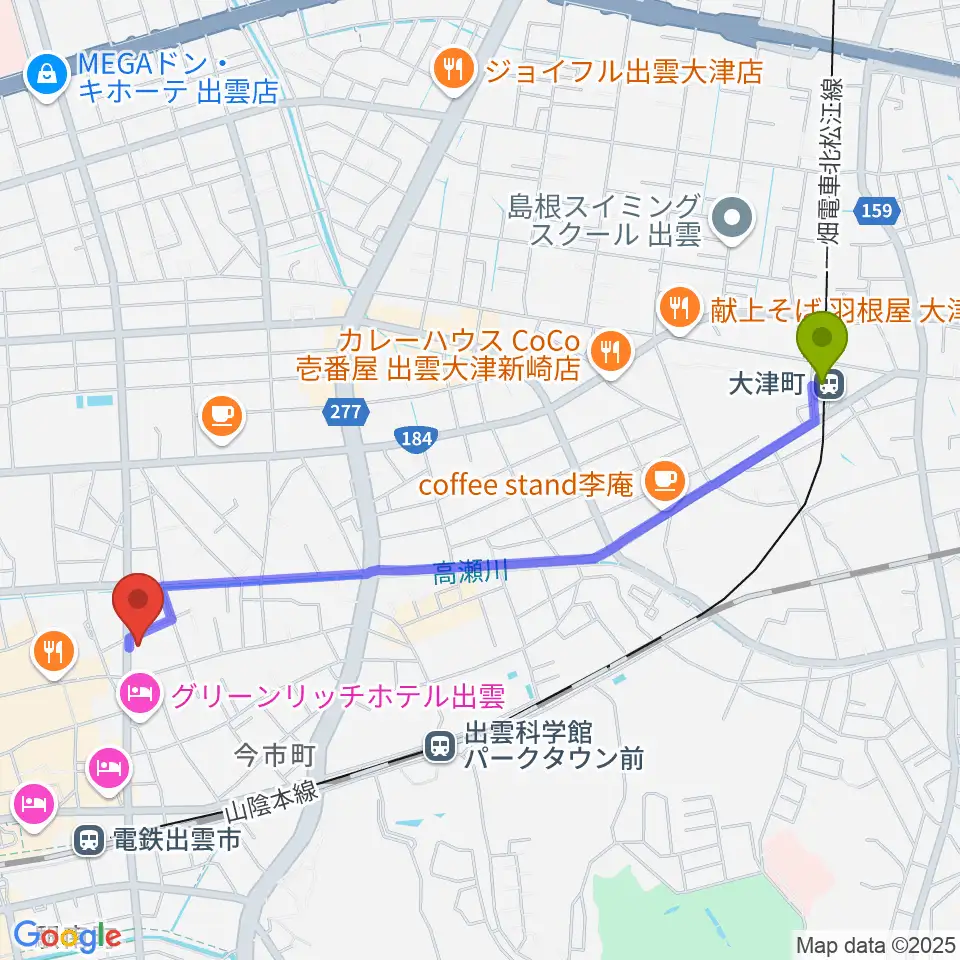 大津町駅からアツタ音楽教室 今市センター教室へのルートマップ地図