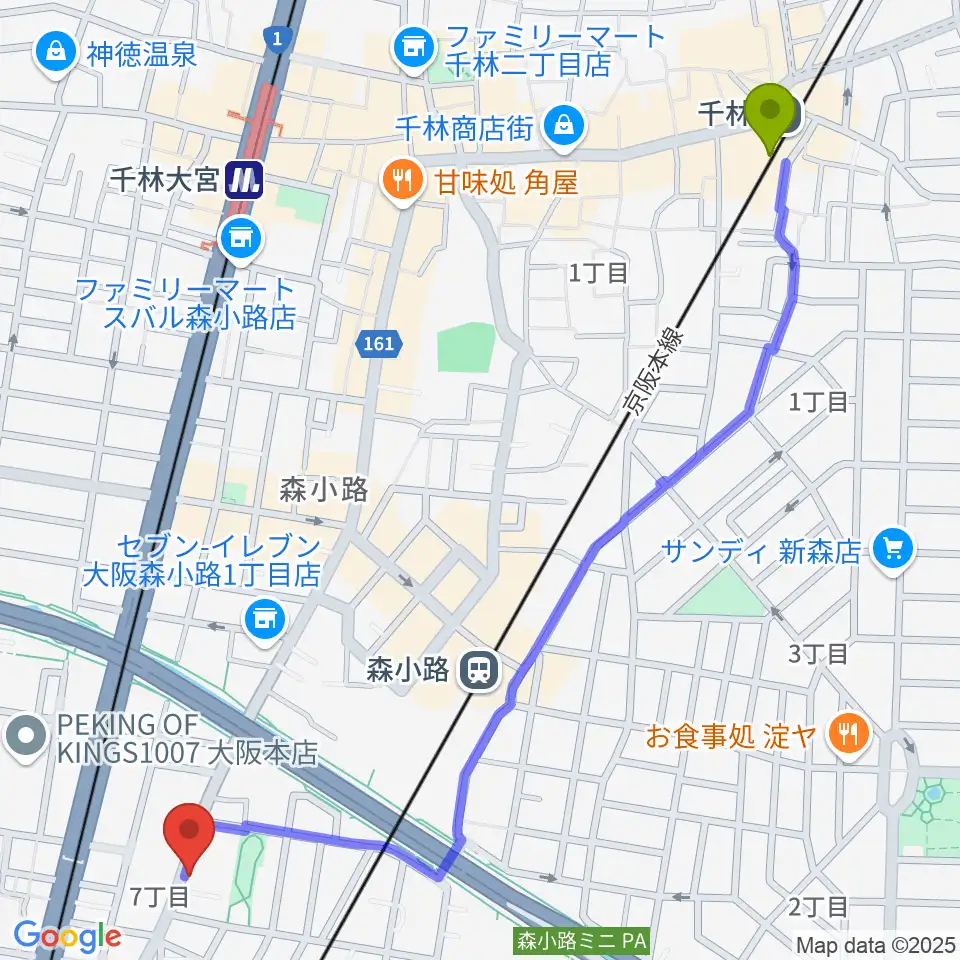 千林駅からTEN-ON音楽教室へのルートマップ地図