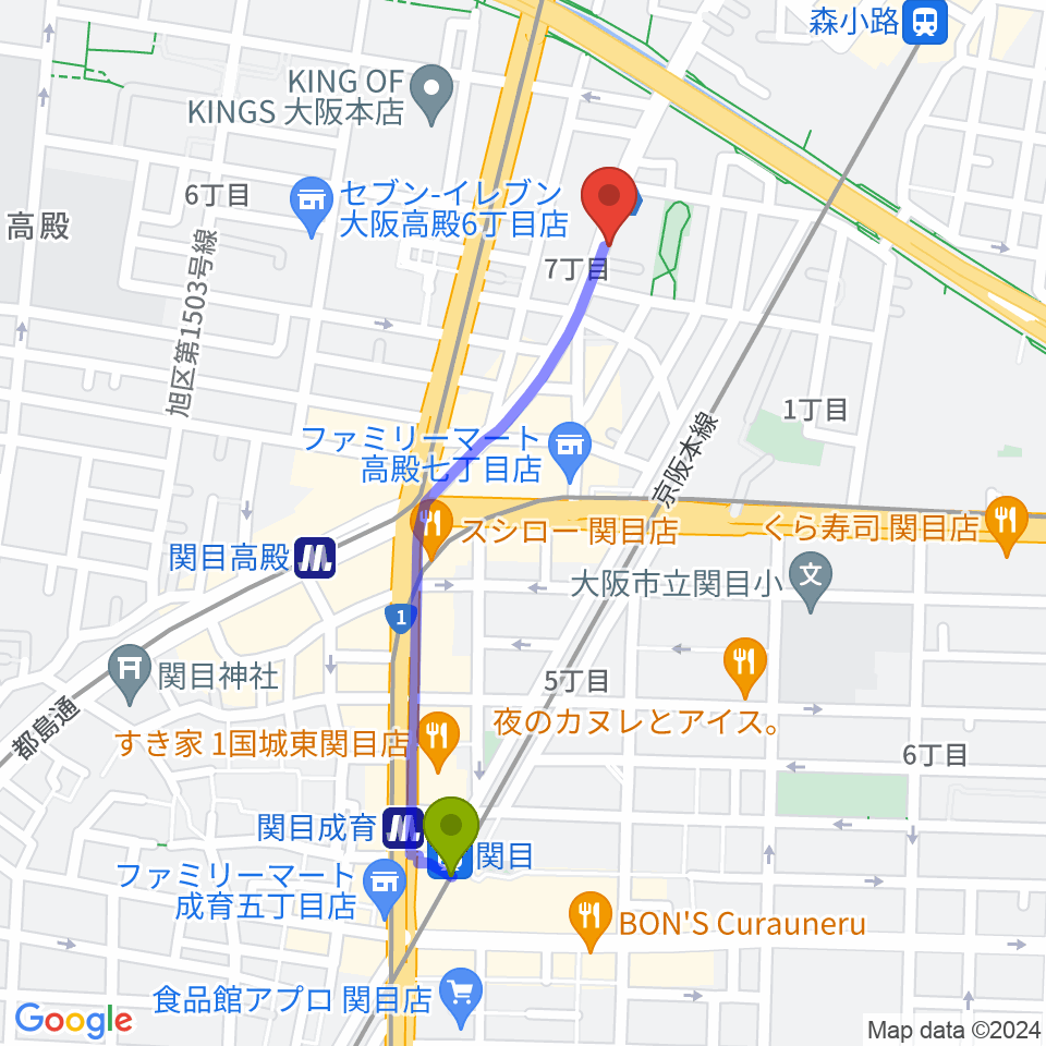関目駅からTEN-ON音楽教室へのルートマップ地図
