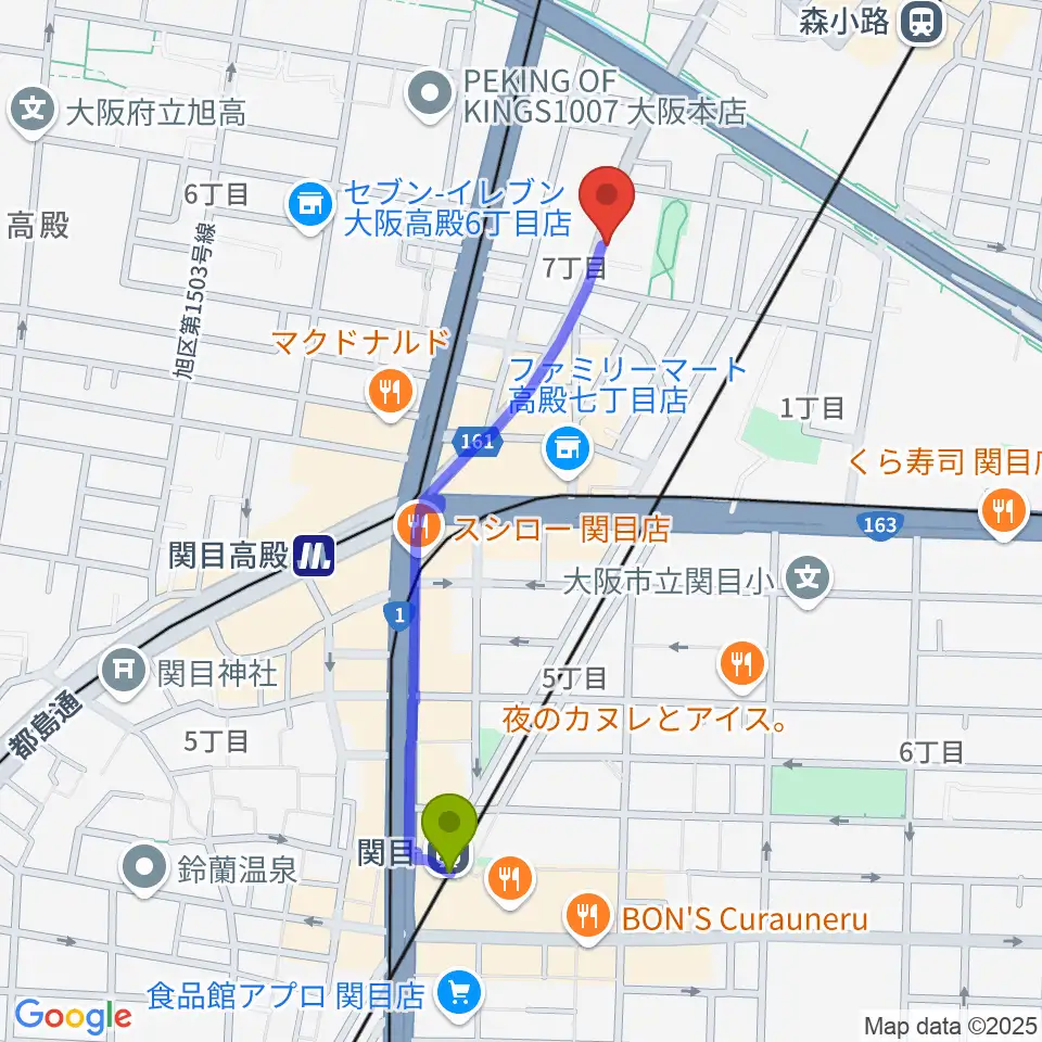 関目駅からTEN-ON音楽教室へのルートマップ地図