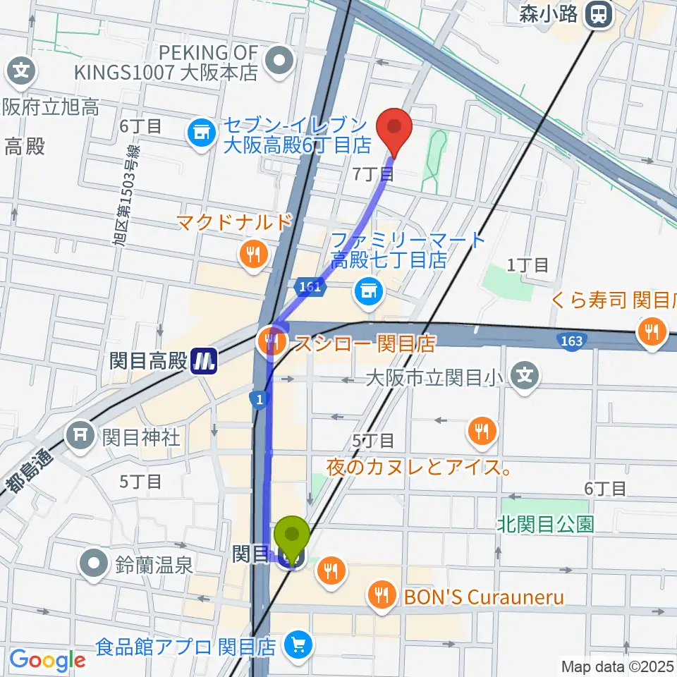 関目駅からTEN-ON音楽教室へのルートマップ地図