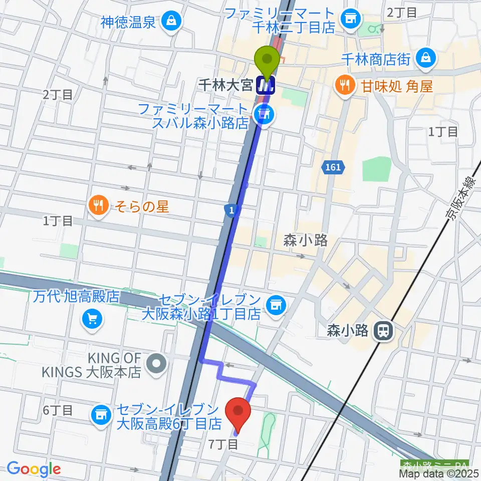千林大宮駅からTEN-ON音楽教室へのルートマップ地図