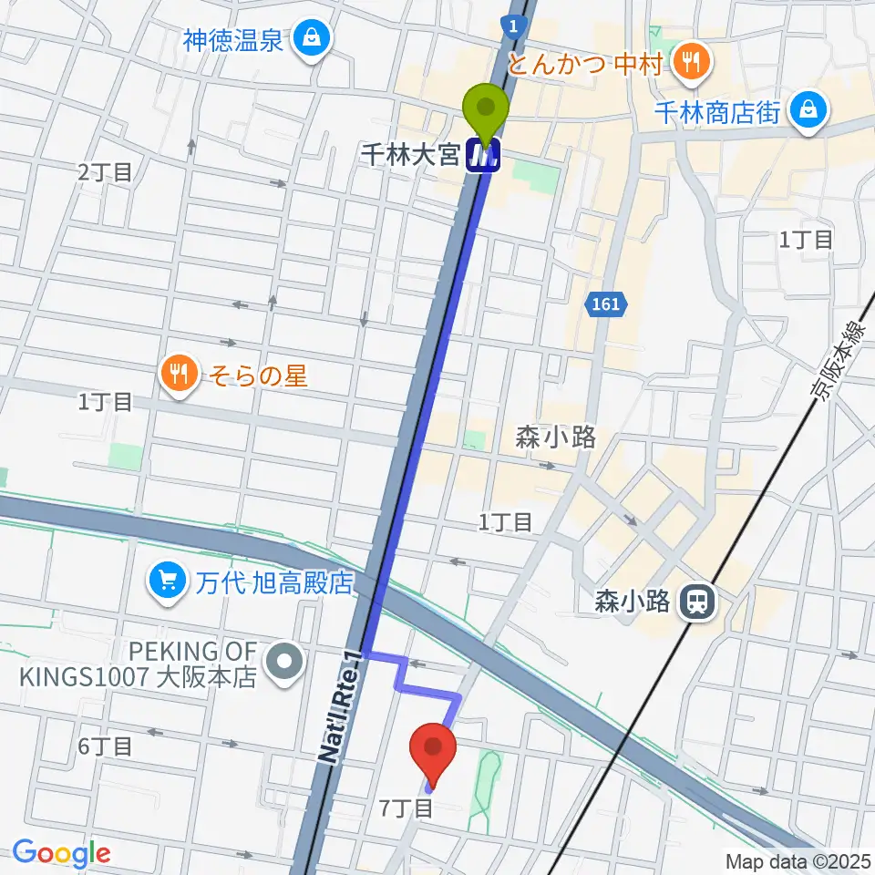千林大宮駅からTEN-ON音楽教室へのルートマップ地図