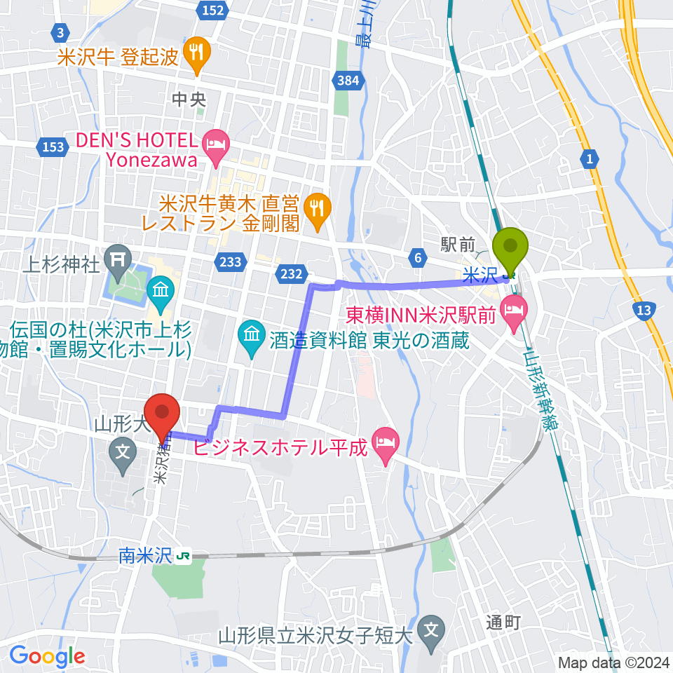 米沢駅から米沢ブルーノートへのルートマップ地図