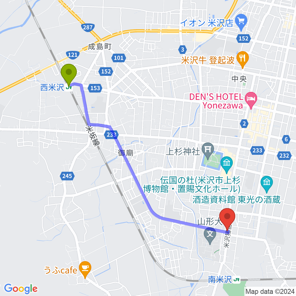 西米沢駅から米沢ブルーノートへのルートマップ地図