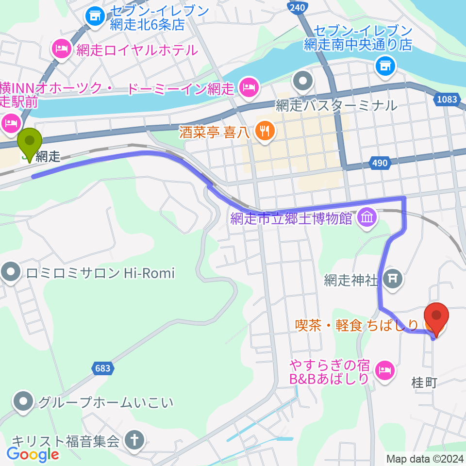 網走駅から喫茶ちぱしりへのルートマップ地図