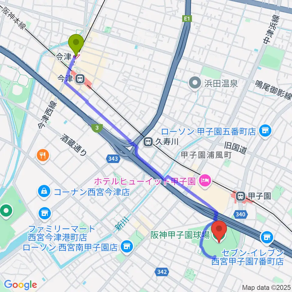 今津駅から阪神甲子園球場へのルートマップ地図