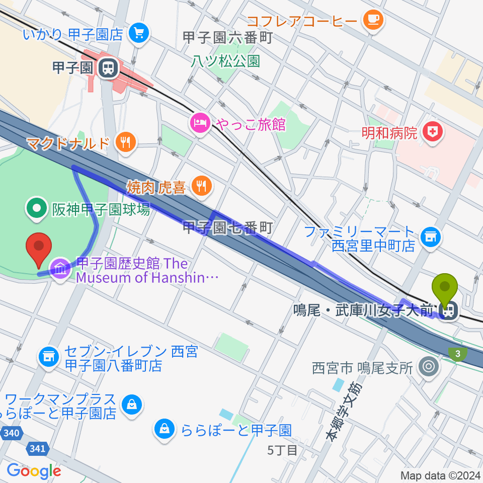 鳴尾・武庫川女子大前駅から阪神甲子園球場へのルートマップ地図