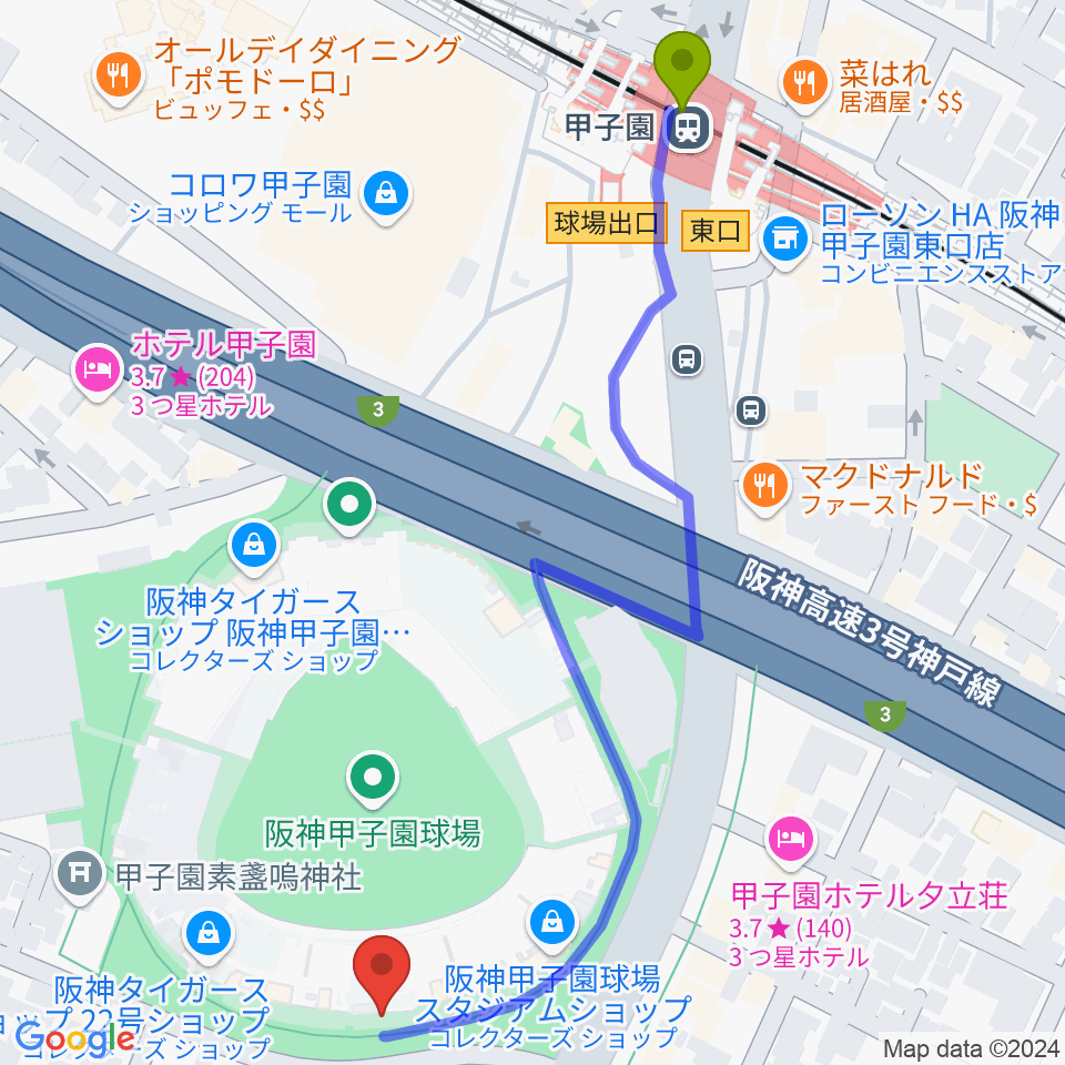 阪神甲子園球場の最寄駅甲子園駅からの徒歩ルート（約7分）地図